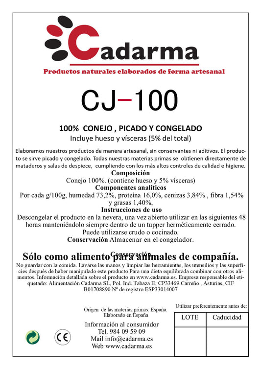 100% conejo, picado y congelado